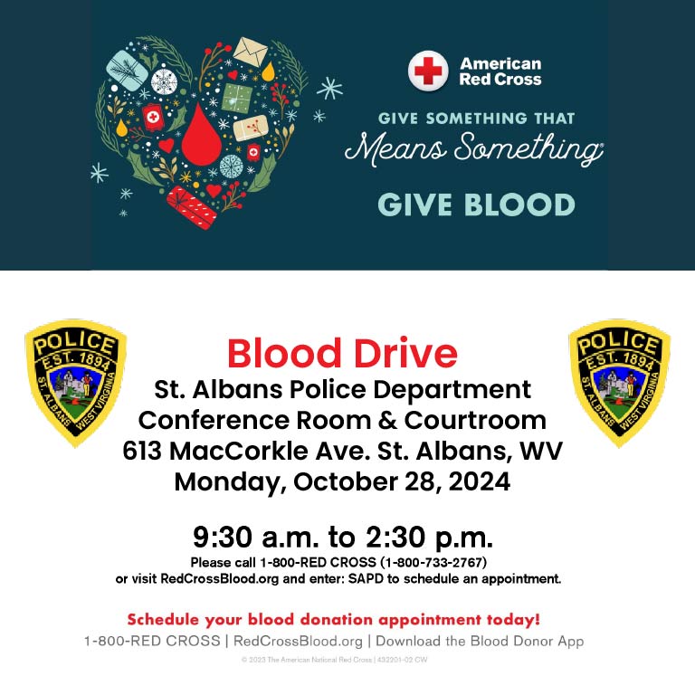 Join the SAPD Blood Drive on Oct 28, 2024, at 613 MacCorkle Ave, St Albans, WV. Schedule your life-saving appointment today!