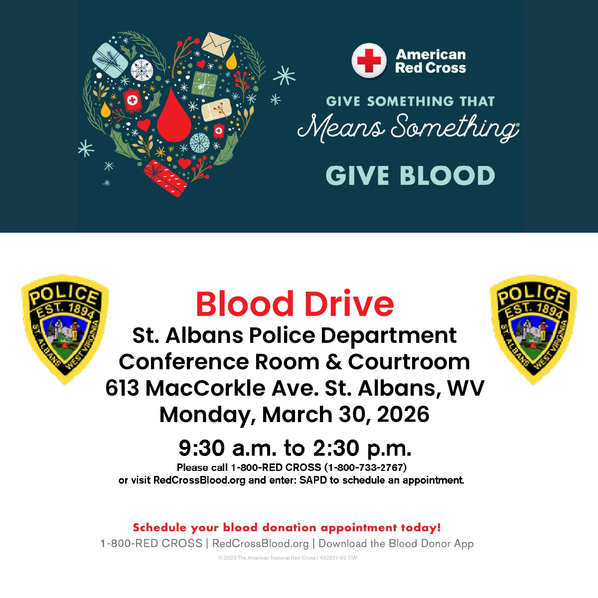 Donate blood with SAPD and the American Red Cross on March 30, 2026 (9:30 a.m.–2:30 p.m.) at 613 MacCorkle Ave. Appointments preferred.
